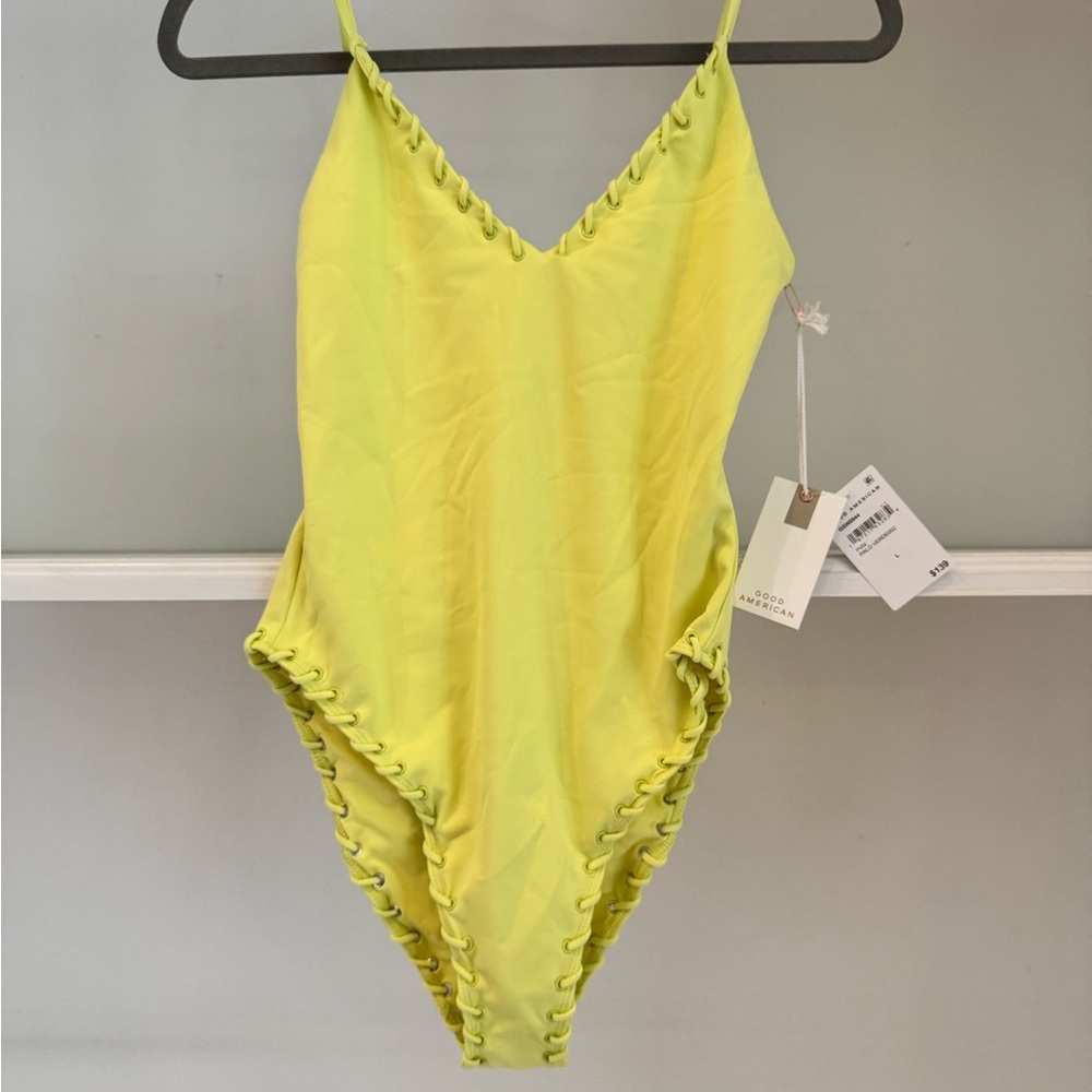 Good American Lace-Up One-Piece Swimsuit – Palo Verde Yellow – Size L – NWT
